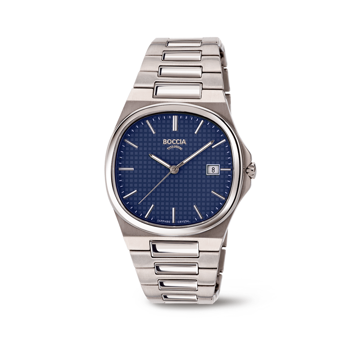 Herrenuhr von Boccia mit blauem Zifferblatt, Titangehäuse und Metallarmband