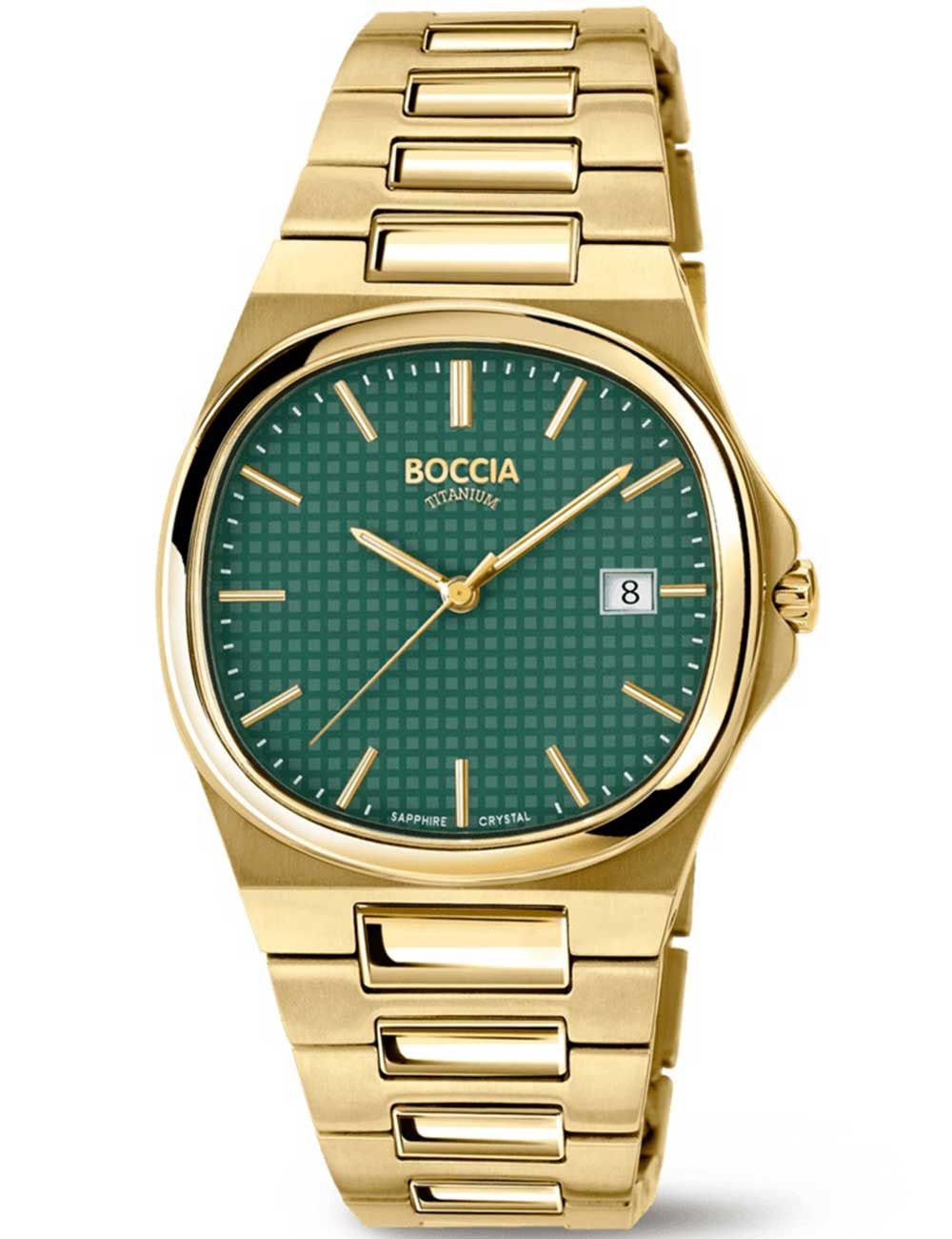 Boccia Titan-Herrenuhr mit grünem Zifferblatt und goldfarbenem Armband