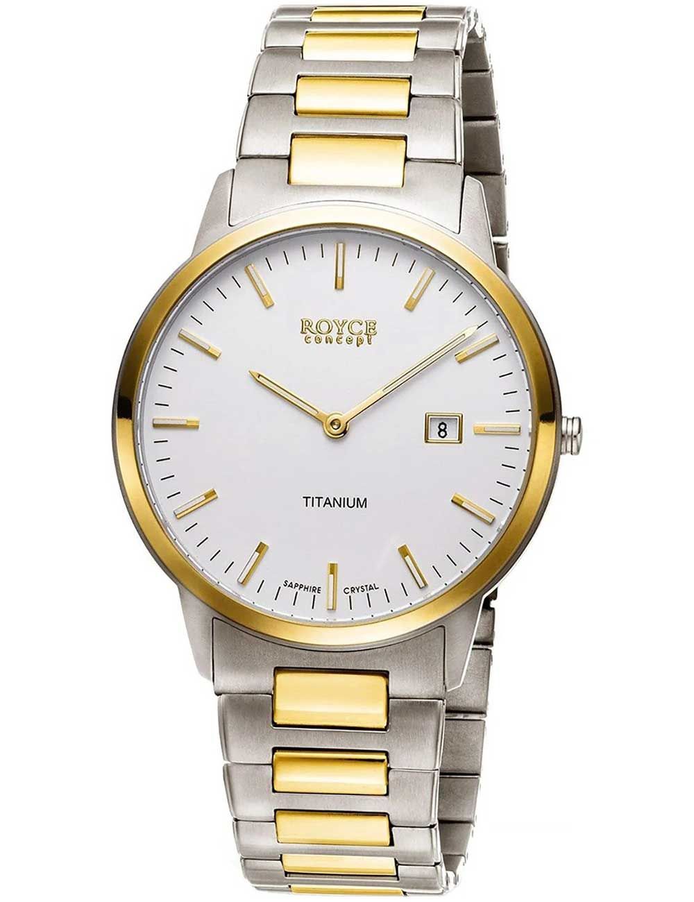 Bicolor-Herrenuhr mit Saphirglas, silbernem Titangehäuse, goldenen Akzenten und Metallarmband