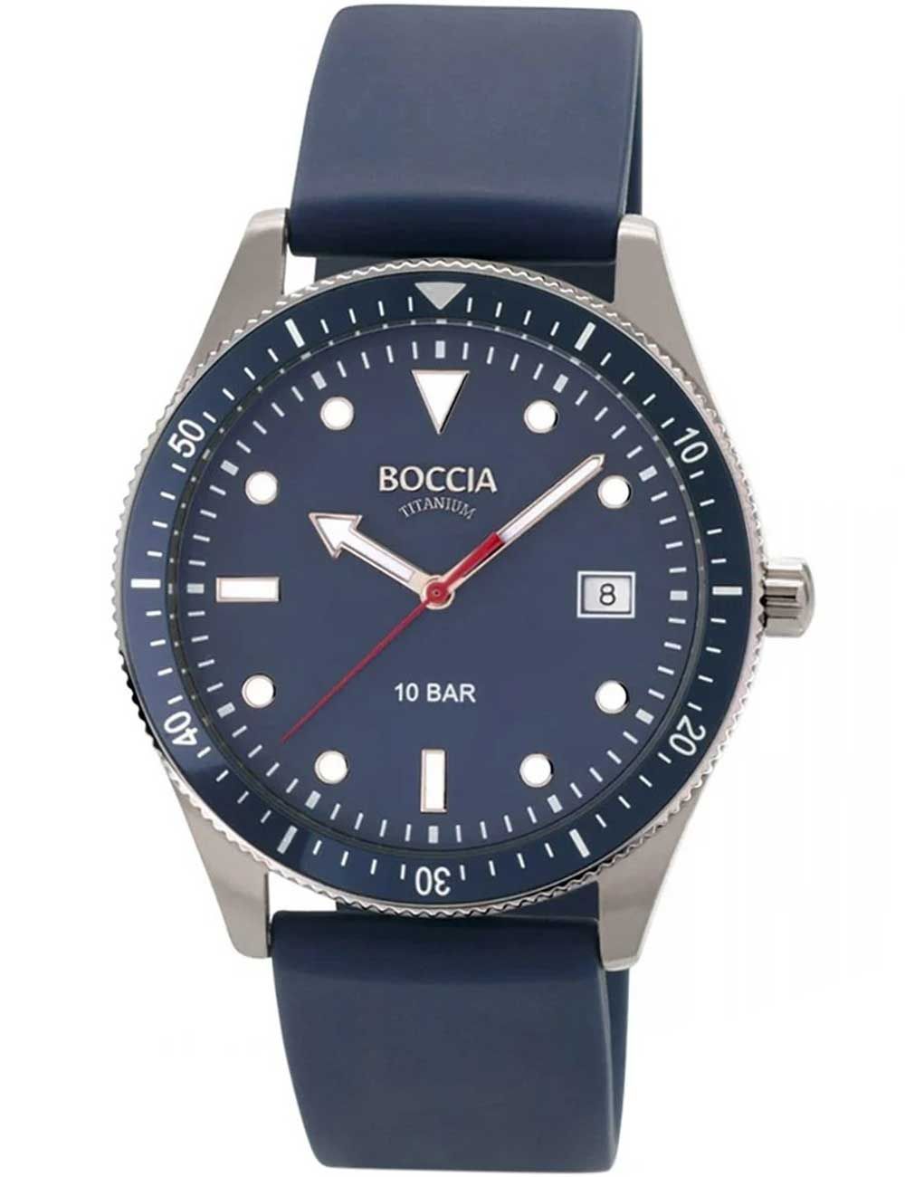 Herrenarmbanduhr Boccia mit blauem Zifferblatt, blauem Armband und Mineralglas