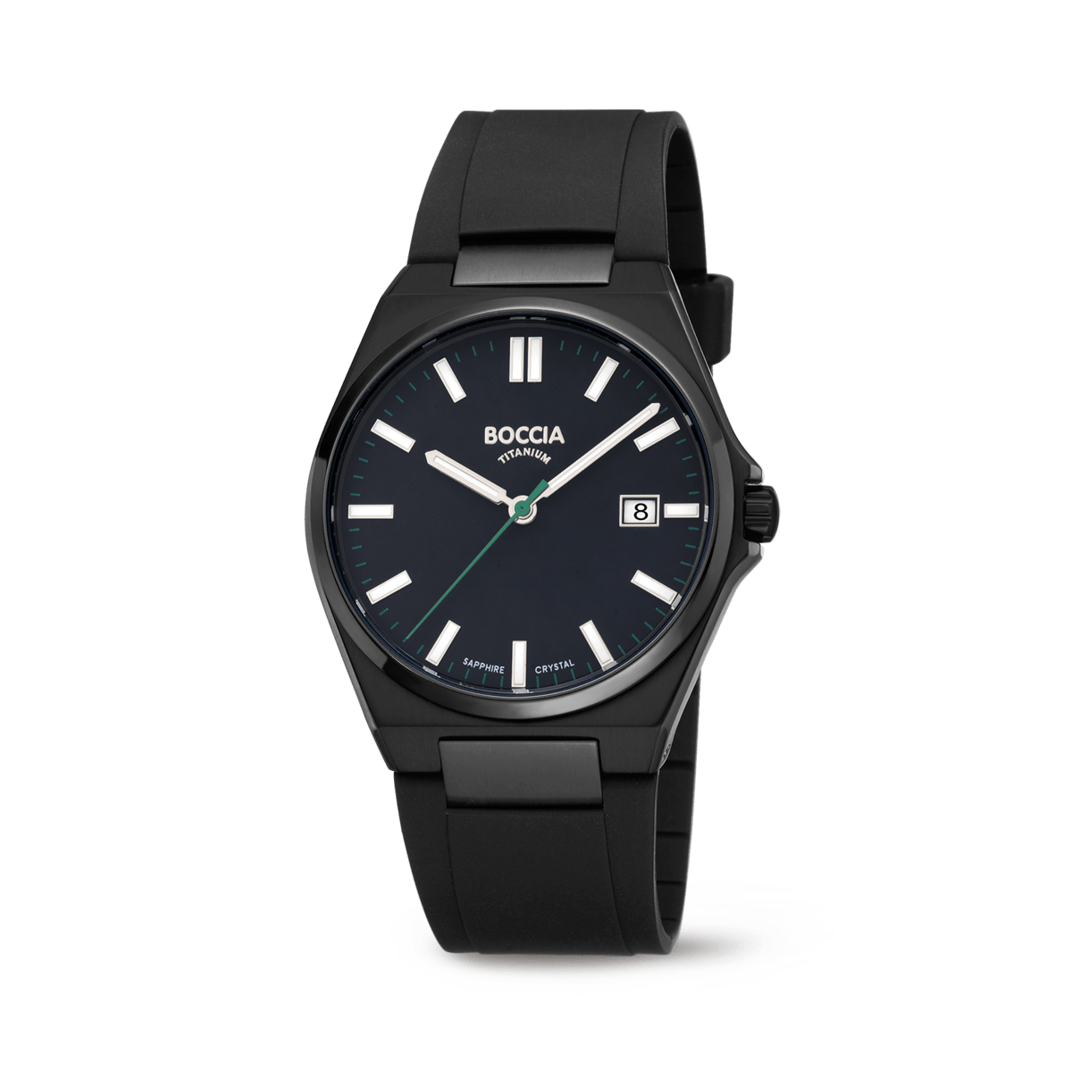 Herrenarmbanduhr mit schwarzem Gehäuse und Armband, blauem Zifferblatt, Datumsanzeige bei 8