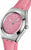 Swatch damklocka med rosa läderarmband, silverfärgat hölje och rosa urtavla.