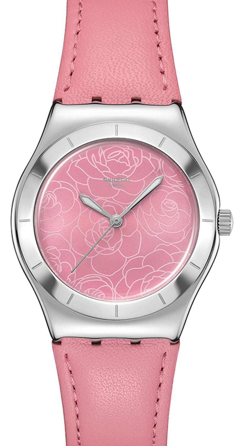Swatch damklocka med silverfärgat hölje, rosa läderarmband och rosa blommig urtavla.