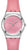 Swatch damklocka med silverfärgat hölje, rosa läderarmband och rosa blommig urtavla.