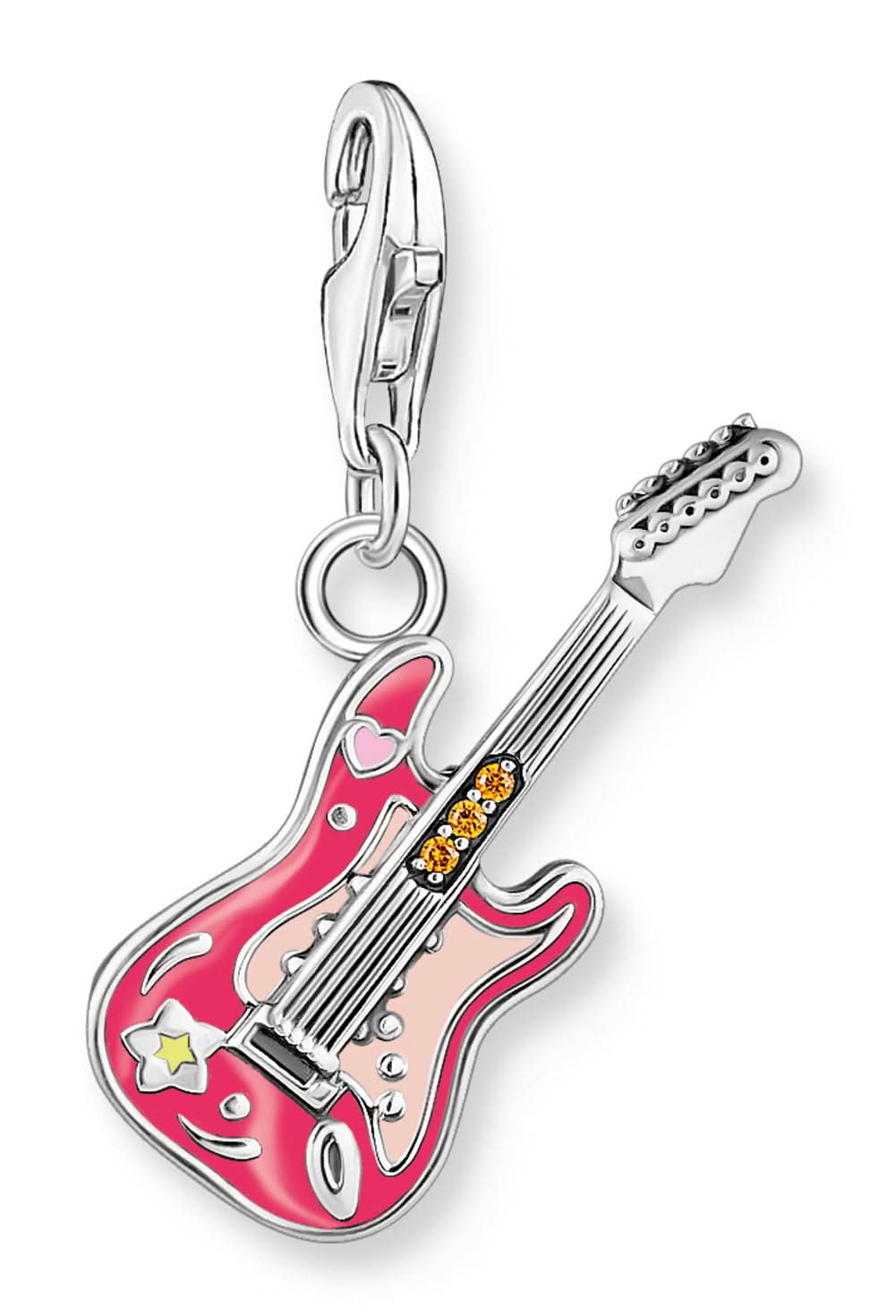Berlock i silver formad som en elgitarr med rosa detalj och stjärnor