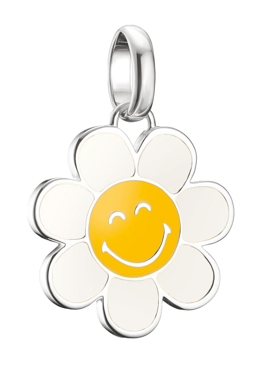 Charmhänge i silver med blomma: gult smiley-ansikte i blomsterkrans