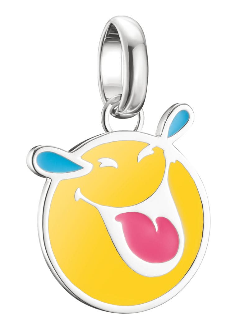 Silversmycke med charmhänge och ett leende smiley-ansikte, gult med blå hatt