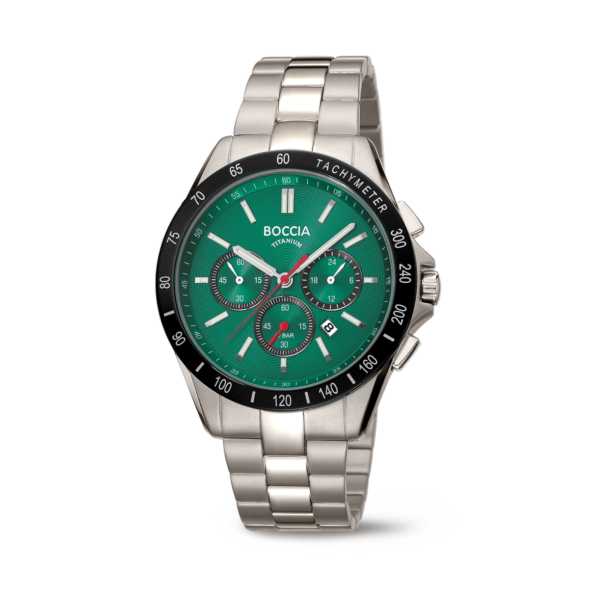 Boccia Chronograph-Armbanduhr: grünes Zifferblatt, Tachymeter-Lünette, Edelstahlband