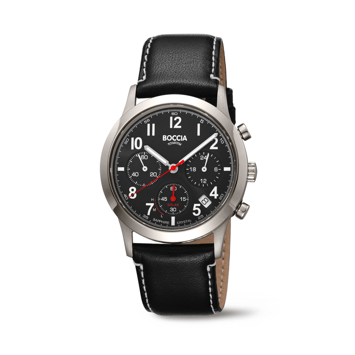 Herrenarmbanduhr mit schwarzem Lederband, schwarzem Chronographenzifferblatt und roten Zeigern
