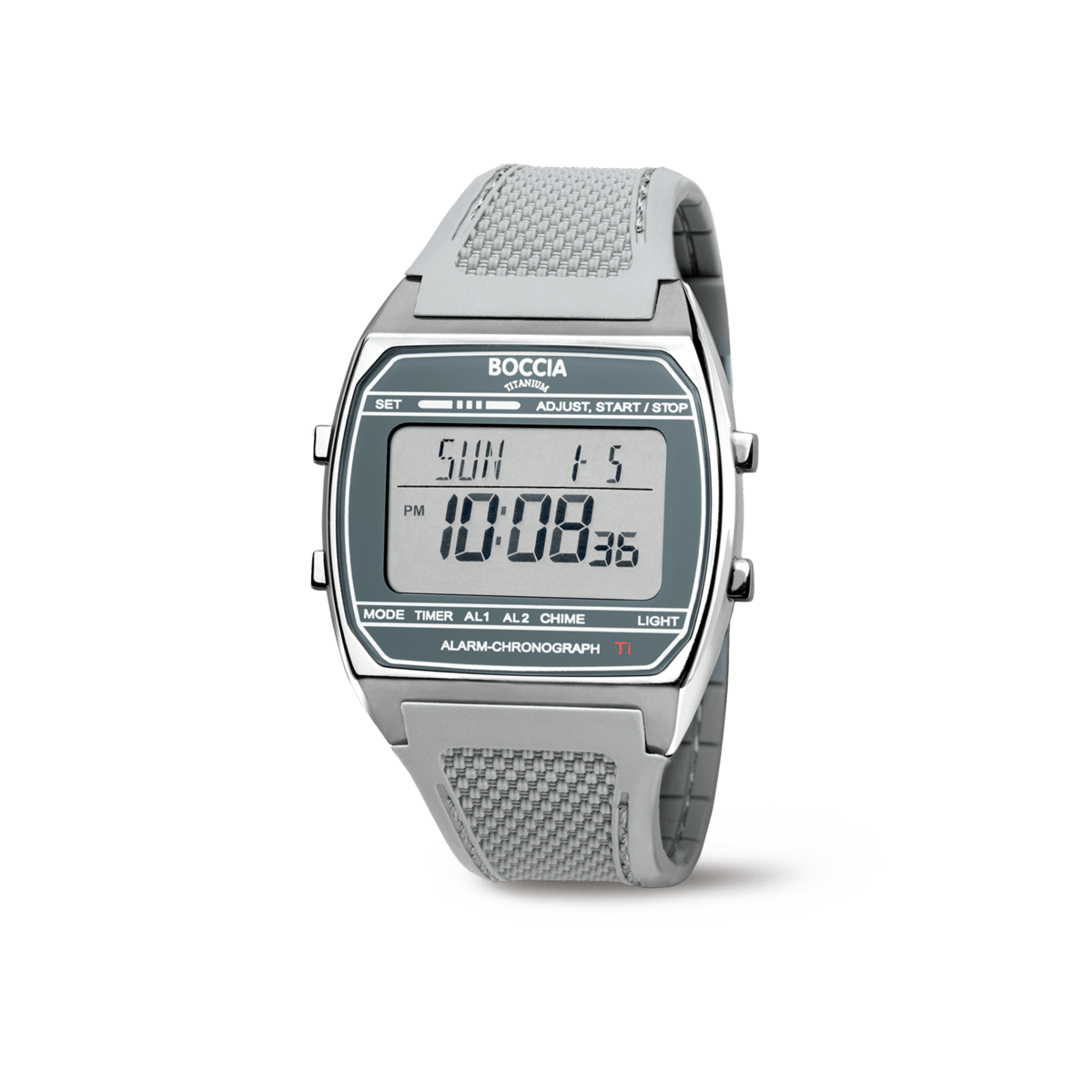 Digitale Herren-Chronographuhr mit Alarm, Titan-Look und weißem Gewebearmband