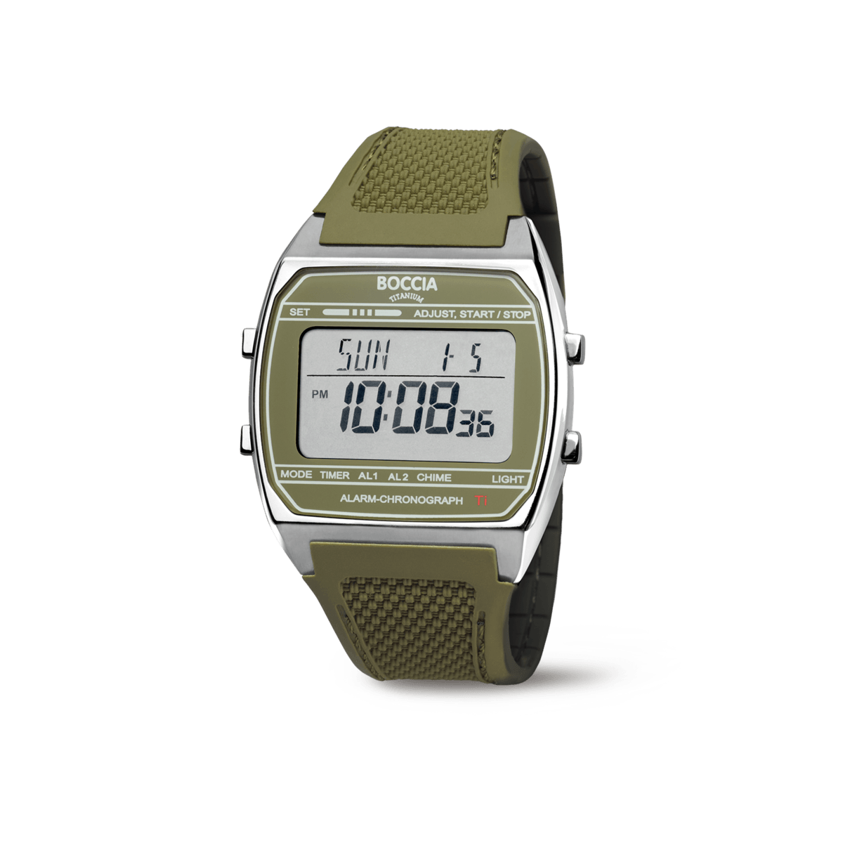 Digitale Herrenuhr mit Chronograph, Titangehäuse, graues Textilarmband