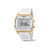 Goldfarbene digitale Armbanduhr mit weißem Stoffarmband und Display für Chronograph/Alarm