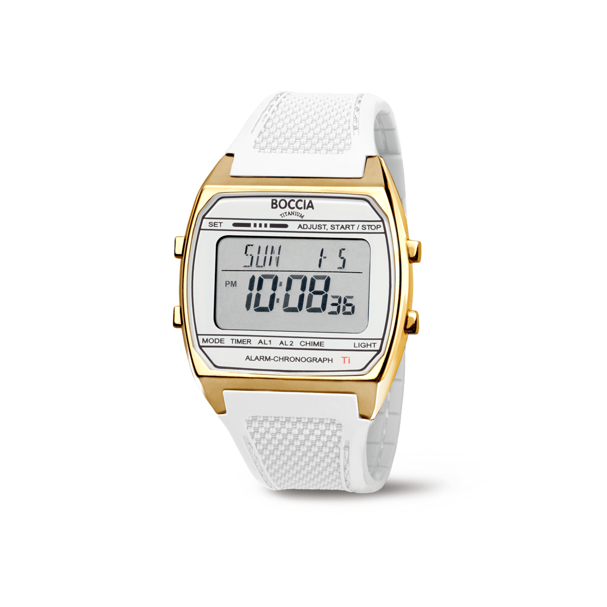 Herren-Digitaluhr mit Chronograph, weißes Textilband, goldfarbenes Gehäuse