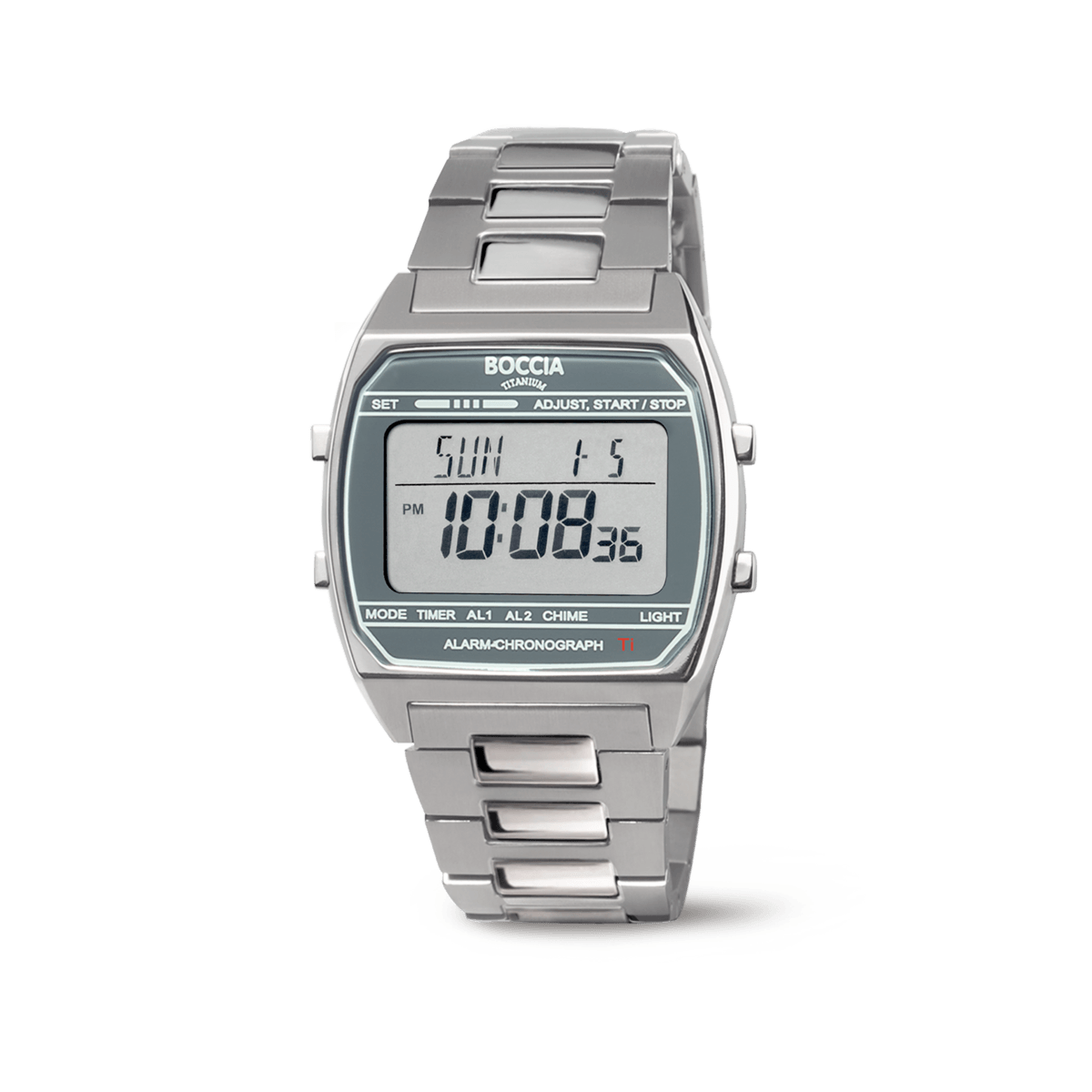 Herren-Armbanduhr mit digitalem Chronographen, silberfarbenem Titanarmband