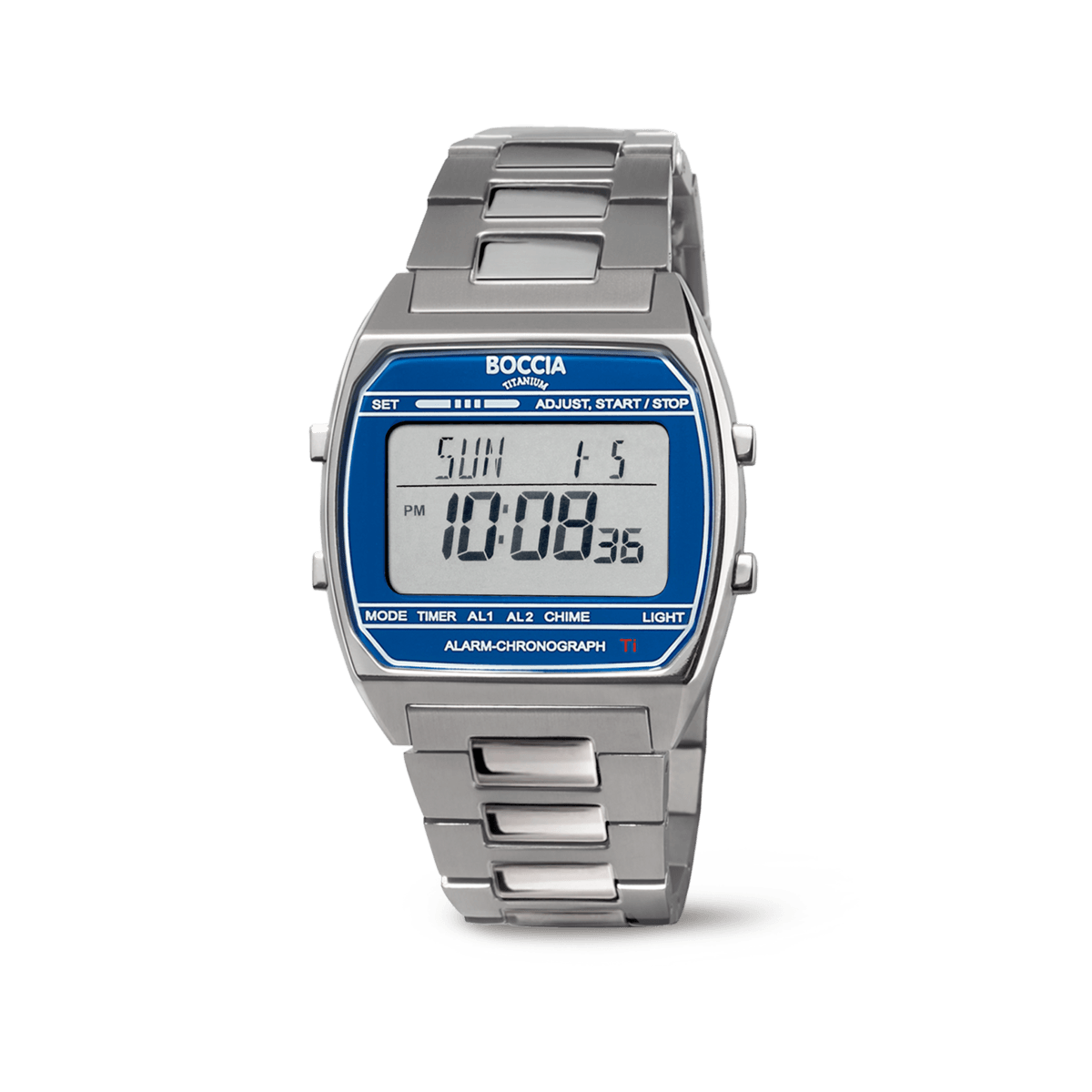 Boccia Unisex-Digitalarmbanduhr mit Metallarmband und blauem Display