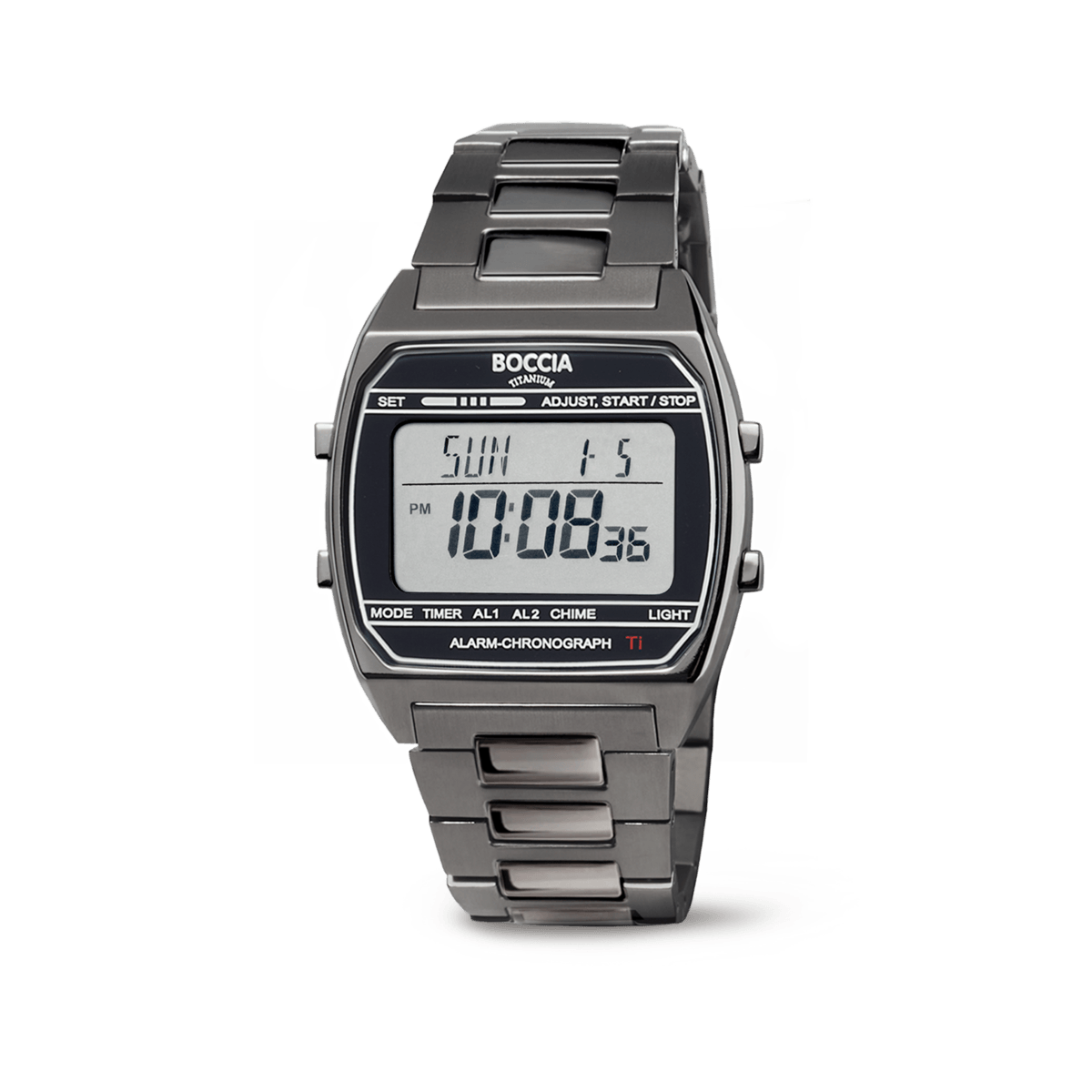 Herren-Digitalchronograph mit Edelstahlband, dunkles Display und Metallgehäuse, Boccia