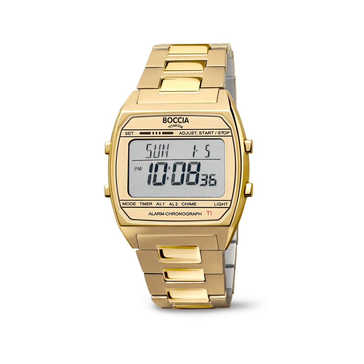 Herrenarmbanduhr mit goldfarbener Metallarmband, Digitaldisplay und Chronograph