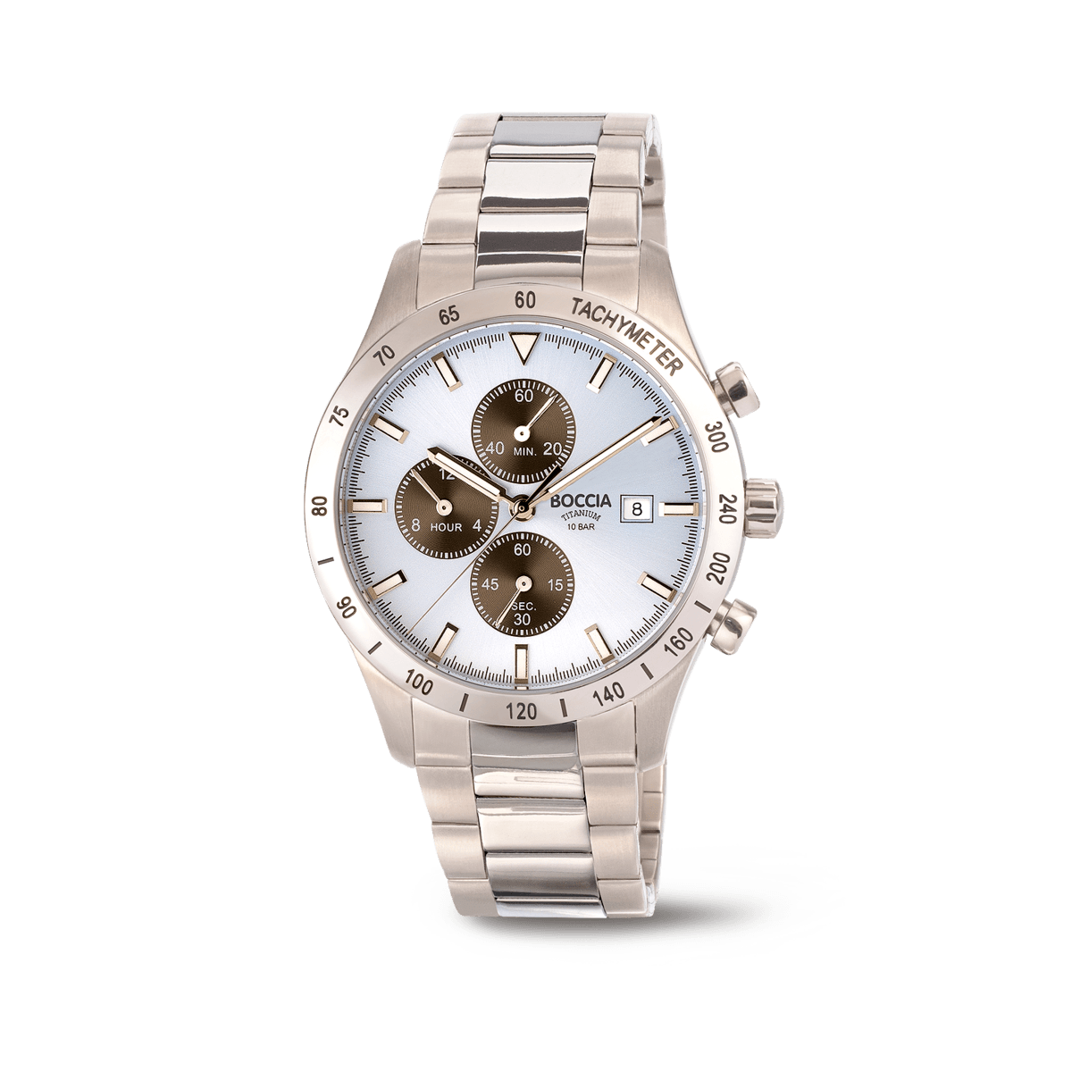 Boccia Herren-Armbanduhr mit Chronograph, Tachymeter-Lünette und weißem Zifferblatt, Titanband