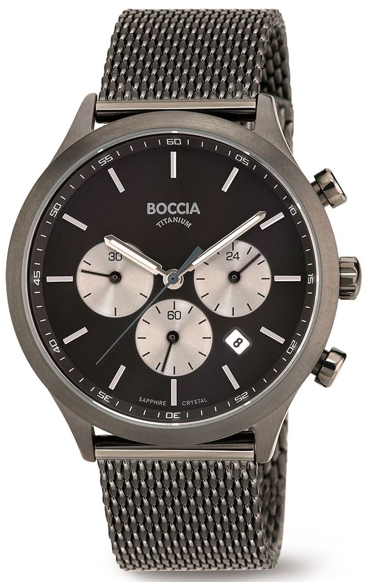 Boccia herrarmbandsur med svart urtavla, kronograf, mesh-armband och rent titanfodral