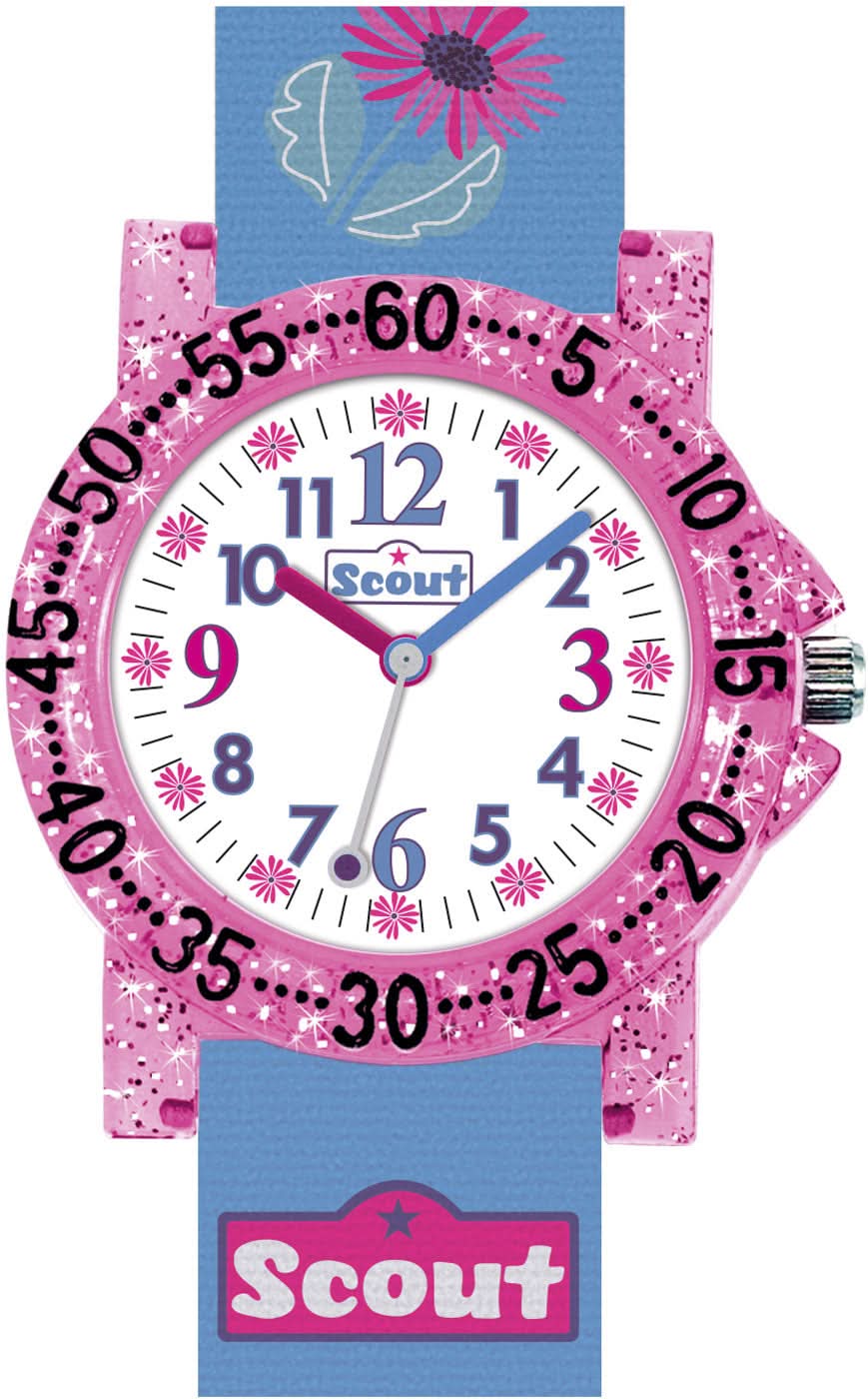 Flickors lärorik klocka med rosa-blått armband, motiv av häst och blommor, siffror, Scout-logotyp