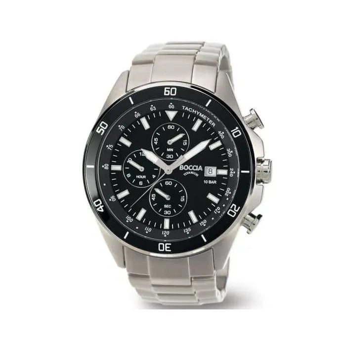 Boccia Titanium Armbanduhr mit schwarzem Zifferblatt und Quarzwerk, Titanarmband