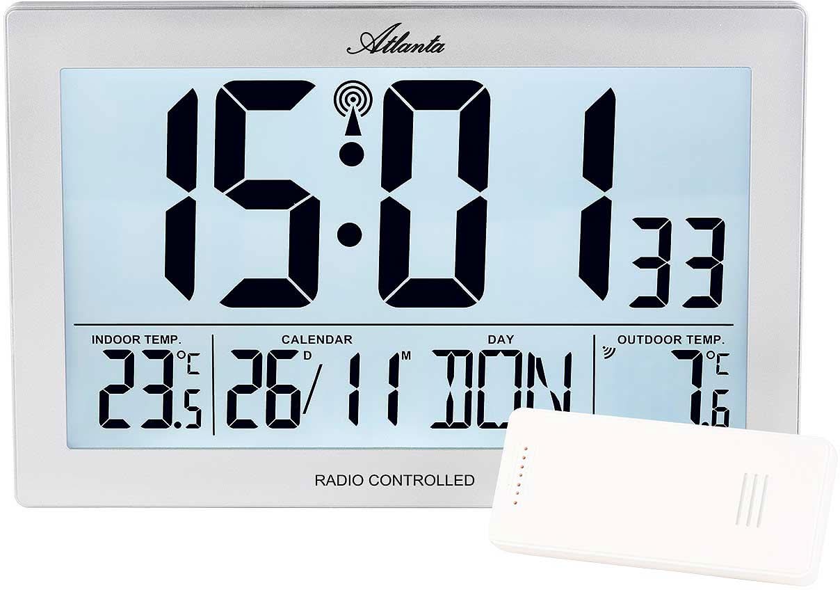 Atlanta väggklocka med LCD-display, radiostyrd tid, inomhustemp. och utomhustemp.-visning