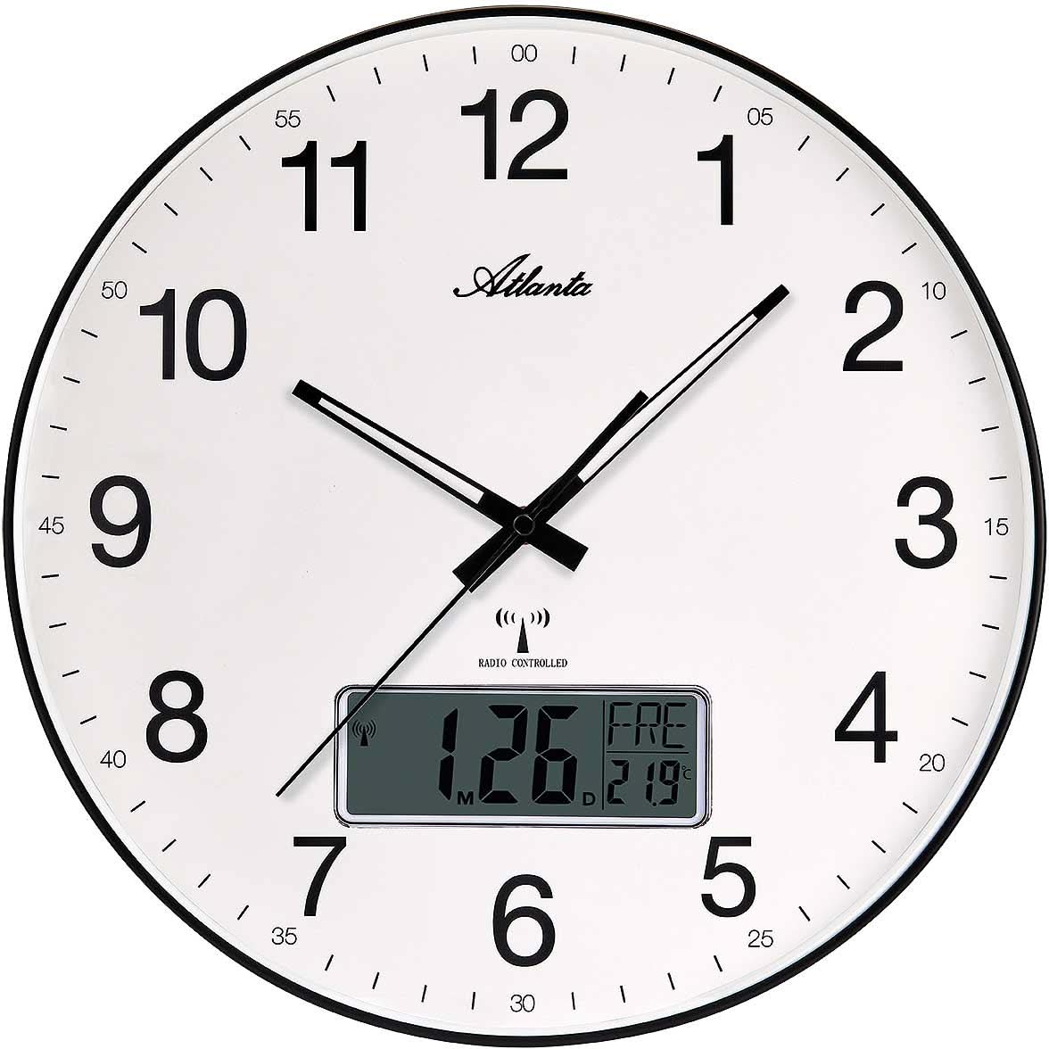 Atlanta väggklocka med vit urtavla, svart ram, analoga visare och digital display.