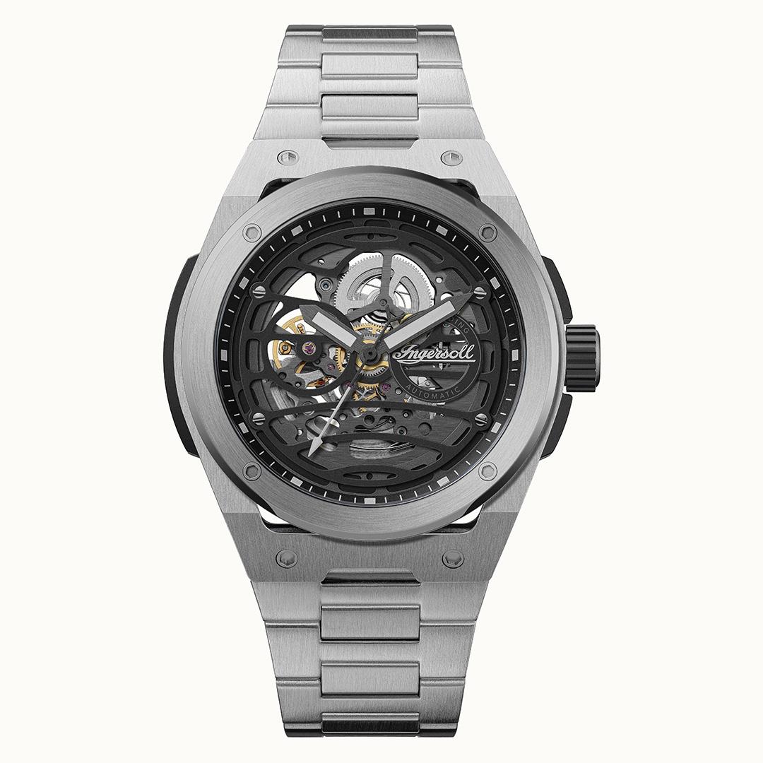 Automatik-Herrenuhr mit silbernem Edelstahlband und Skelettzifferblatt