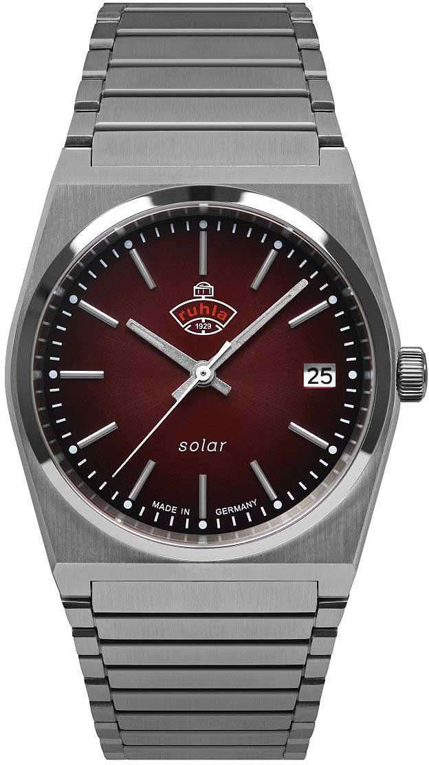 Ruhla damklocka med metallarmband, rund boett, mörk röd urtavla och datum
