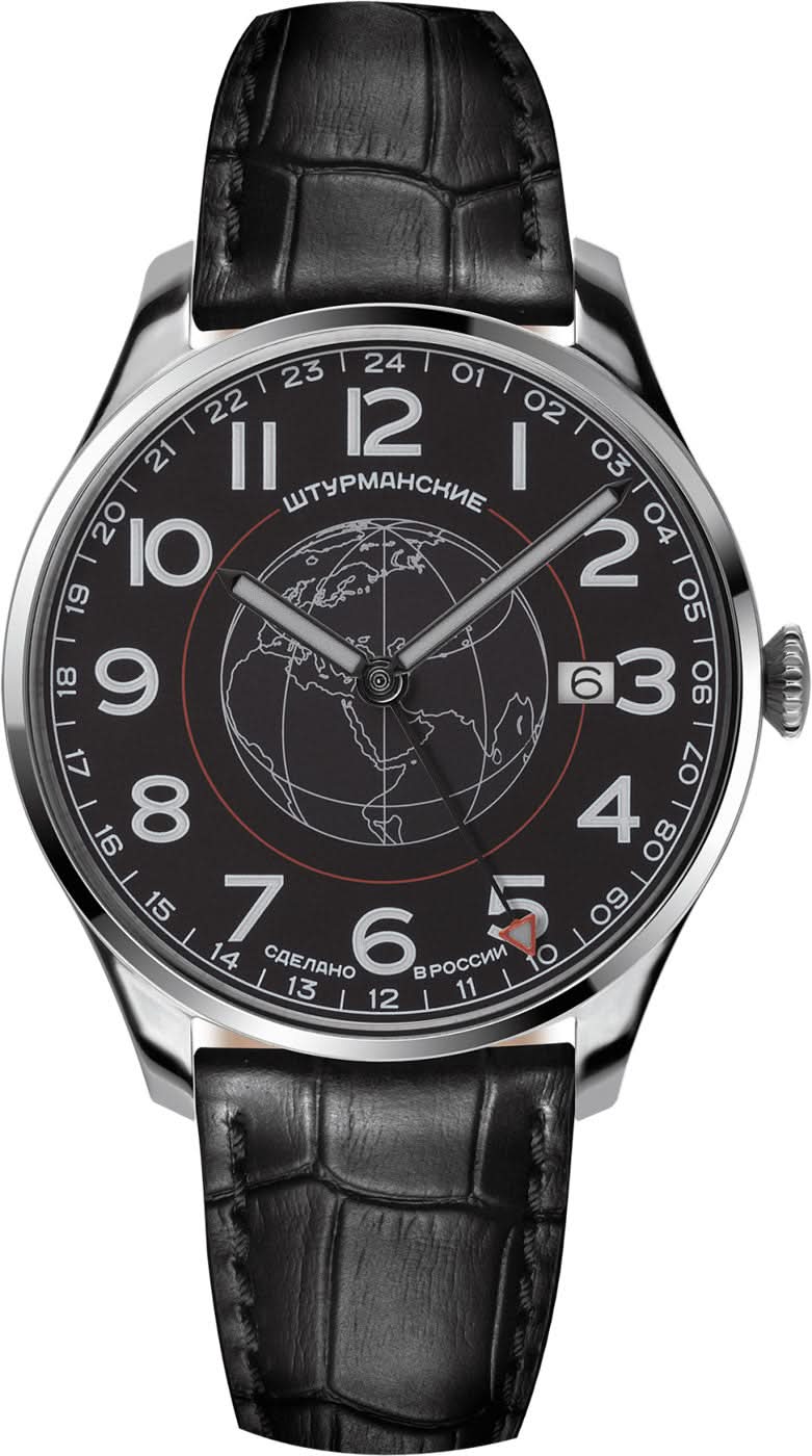 Herrklocka med svart läderarmband och svart urtavla, GMT-24h-skala