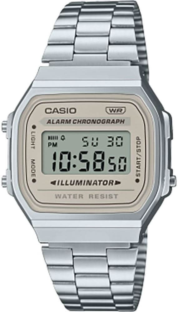 Casio Vintage digital klocka med silverfärgat metallarmband, åttkantigt hölje, Illuminator