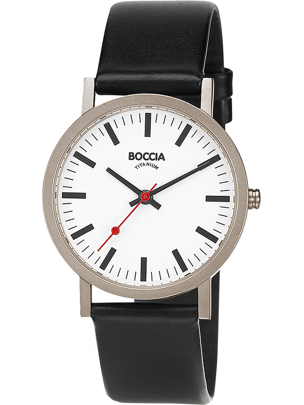 Herrenarmbanduhr BOCCIA mit silbernem Gehäuse, weißem Zifferblatt und schwarzem Lederband
