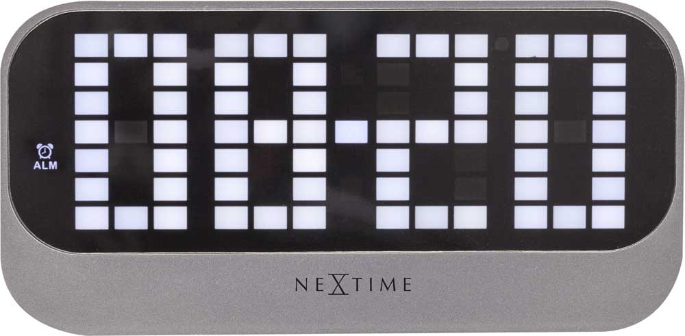 Nextime bordsklocka med LED digital display och larm, grått akrylhölje