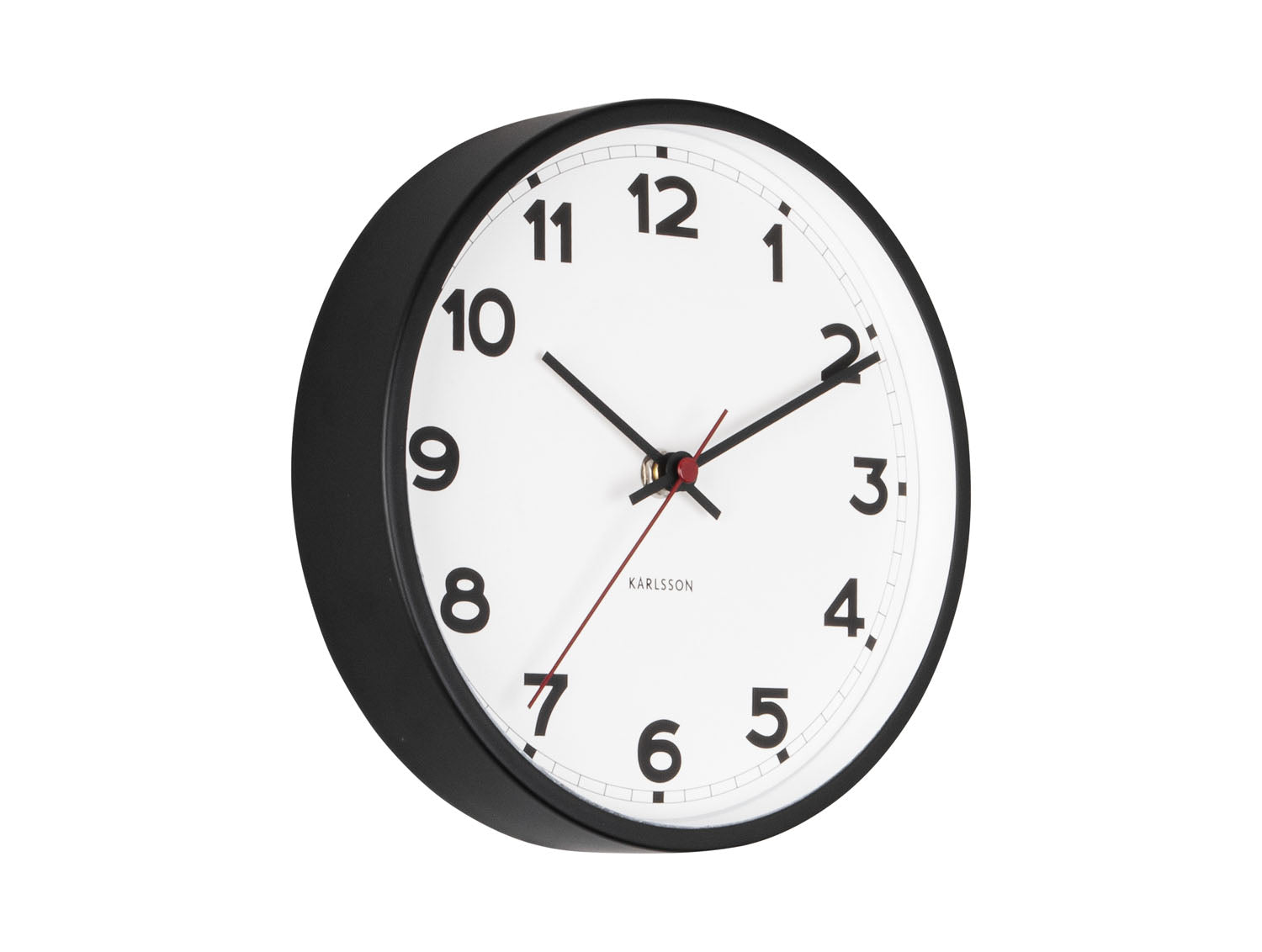 Liten väggklocka med vit urtavla och svart kant, visare med röd accent
