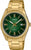 Analogklocka med grön urtavla, guldfärgat metallarmband och datumfönster