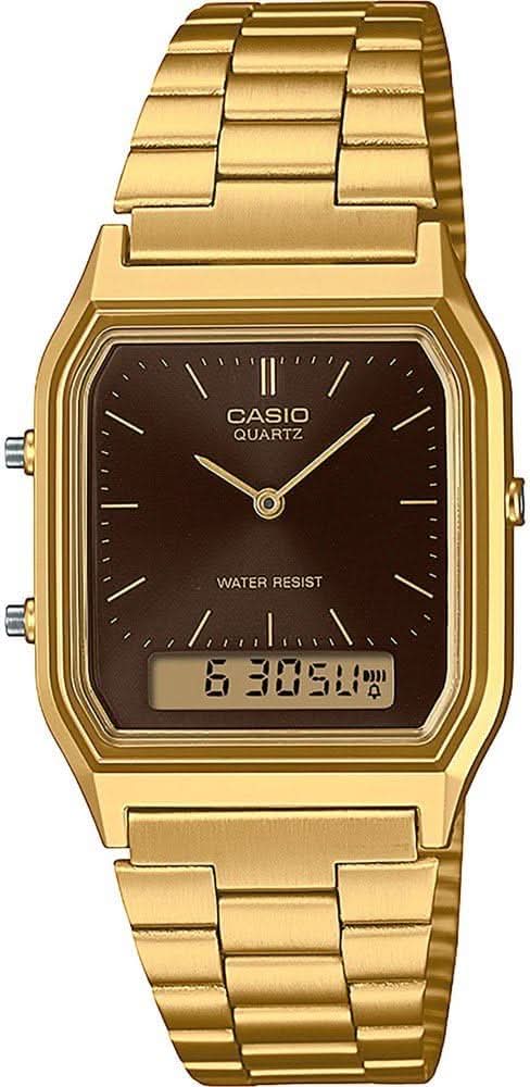 Guldpläterad retroklocka med metallarmband, svart urtavla och digital display