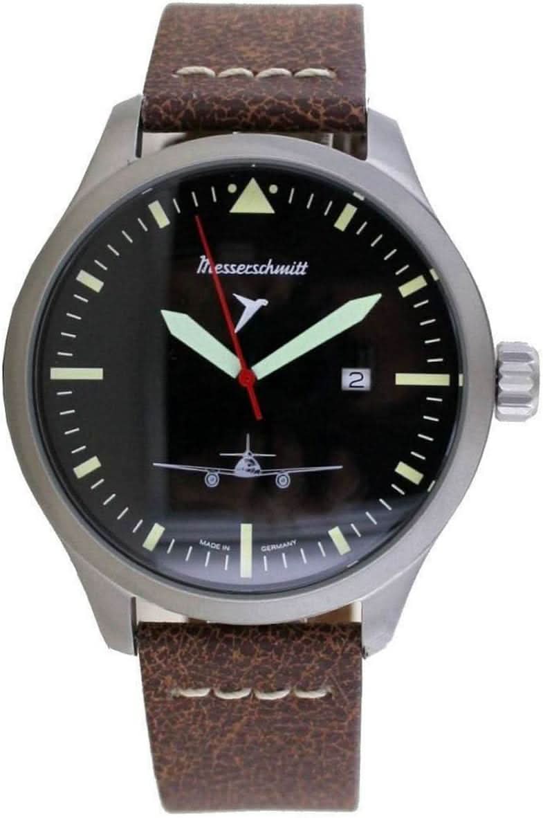 Herrklocka Messerschmitt med svart urtavla, brunt läderarmband och visare