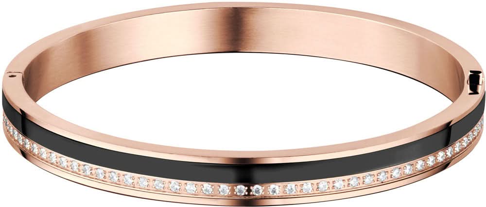 Armband i rostfritt stål med svart dekorrand och gnistrande strassstenar, finish i roséguld