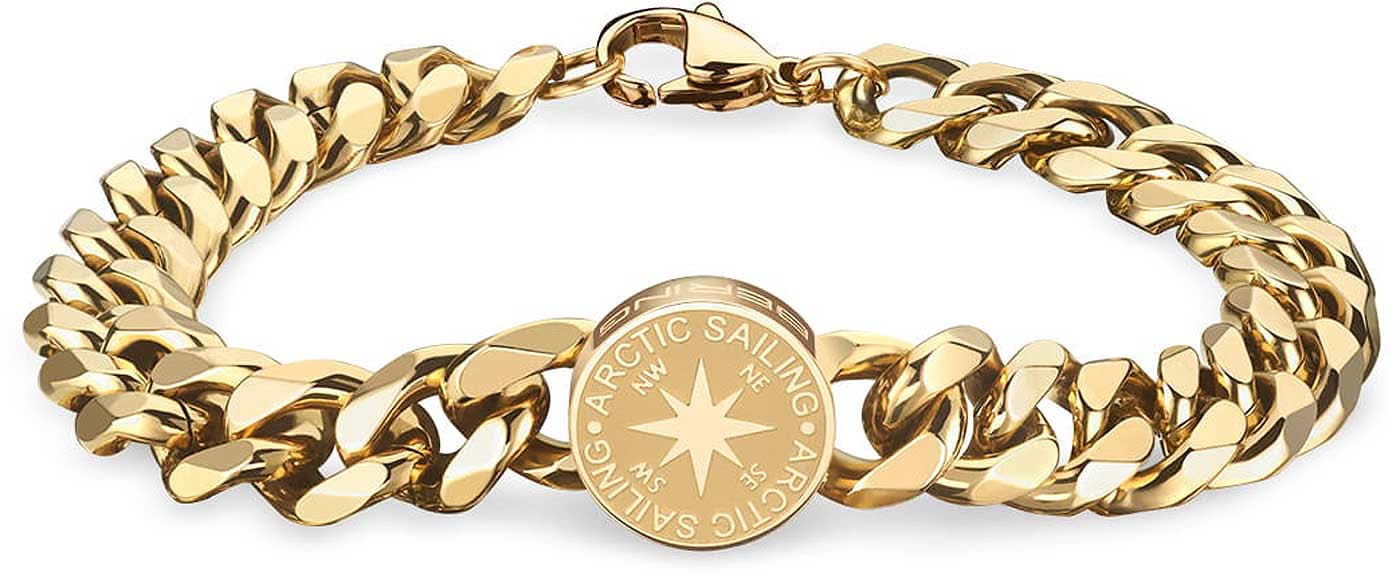 Armband i rostfritt stål med länkkedja och runt, graverat lås i guldton