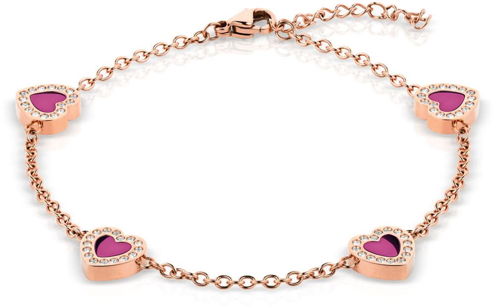 Armband i rostfritt stål med roséguldfärgad kedja och hjärtformade hängen med lila inlägg