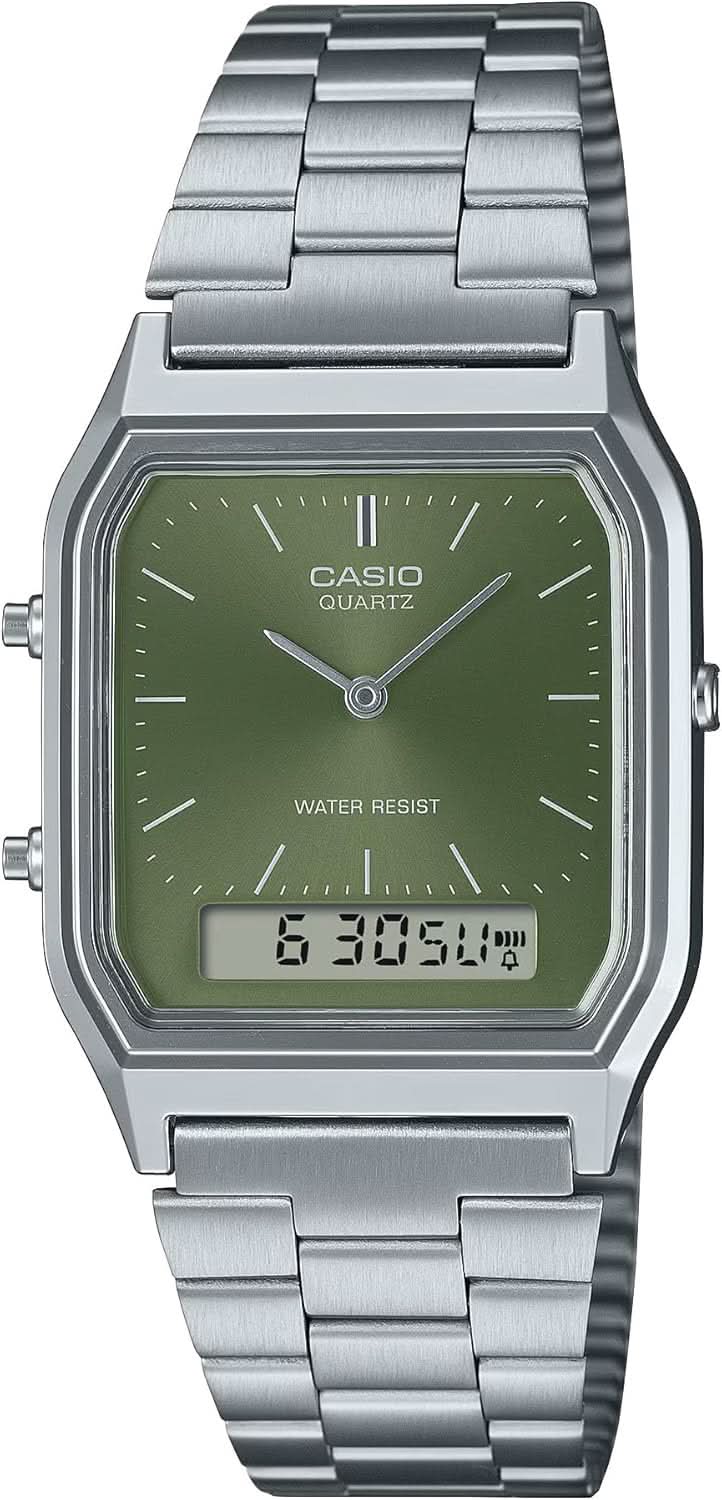 Armbandsur med grön urtavla och stållänk, digital display, kantigt boett