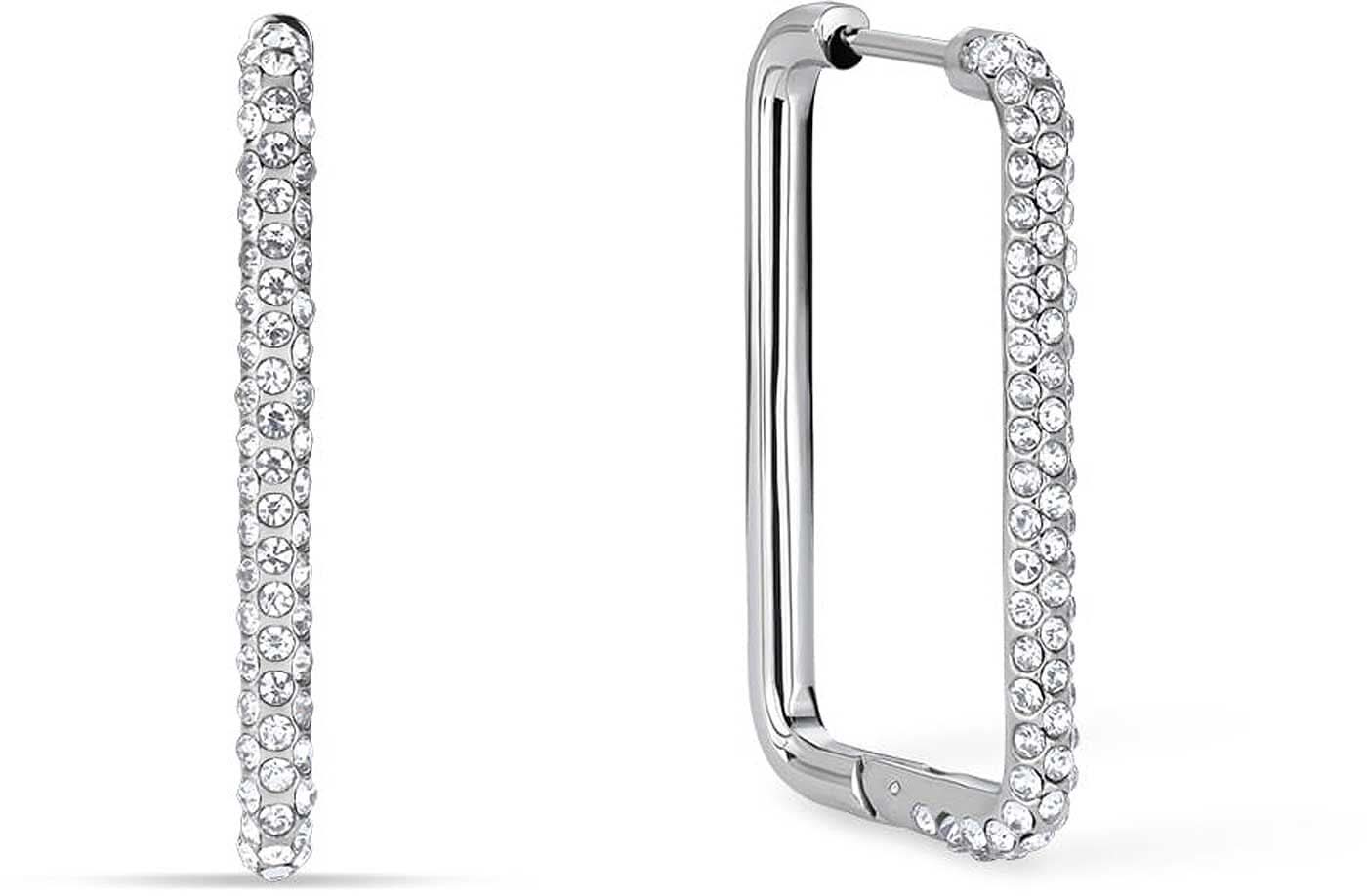 Rektangulära creoler i rostfritt stål med stenar, rektangulär hänge, silverfärgad, helt täckt