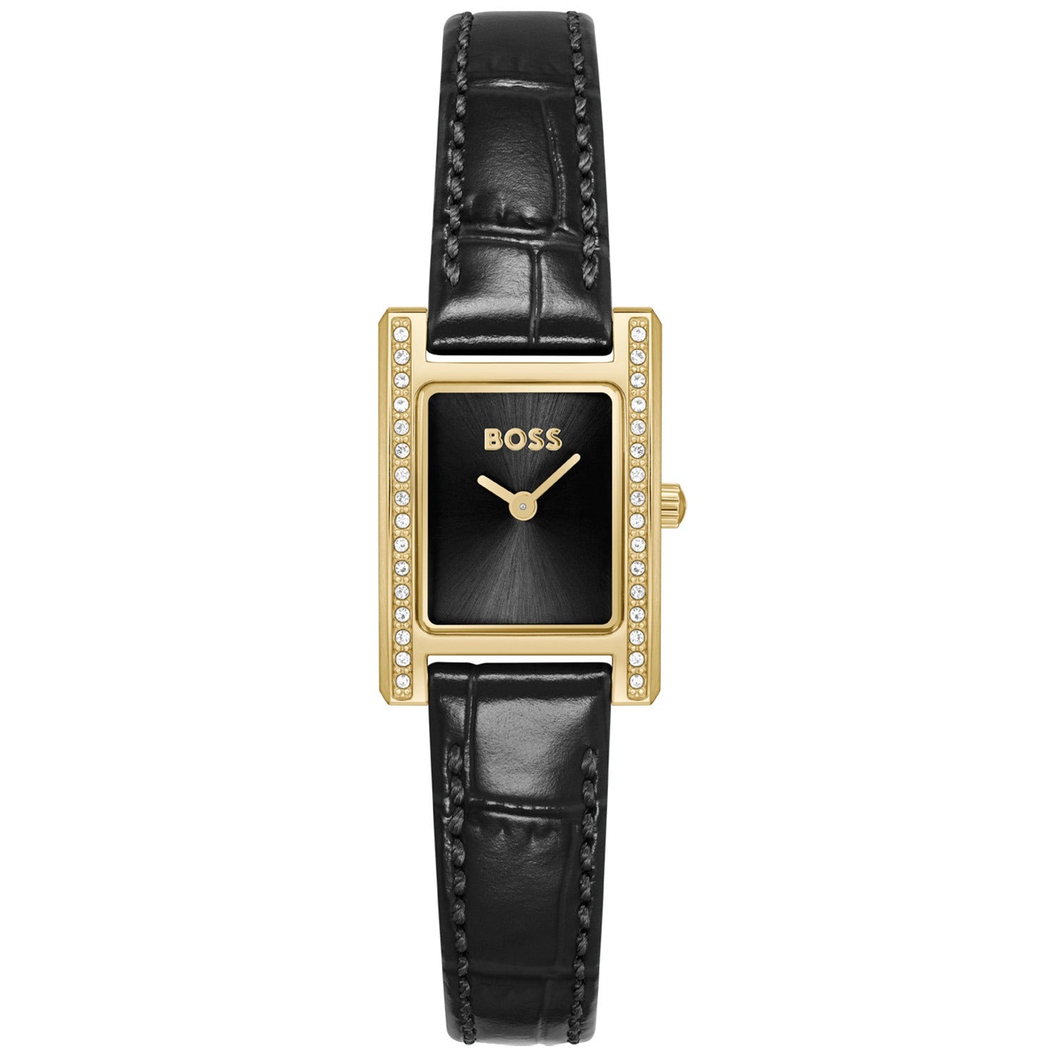 BOSS Damenuhr mit schwarzem Lederarmband, goldenem Gehäuse und Steinbesatz