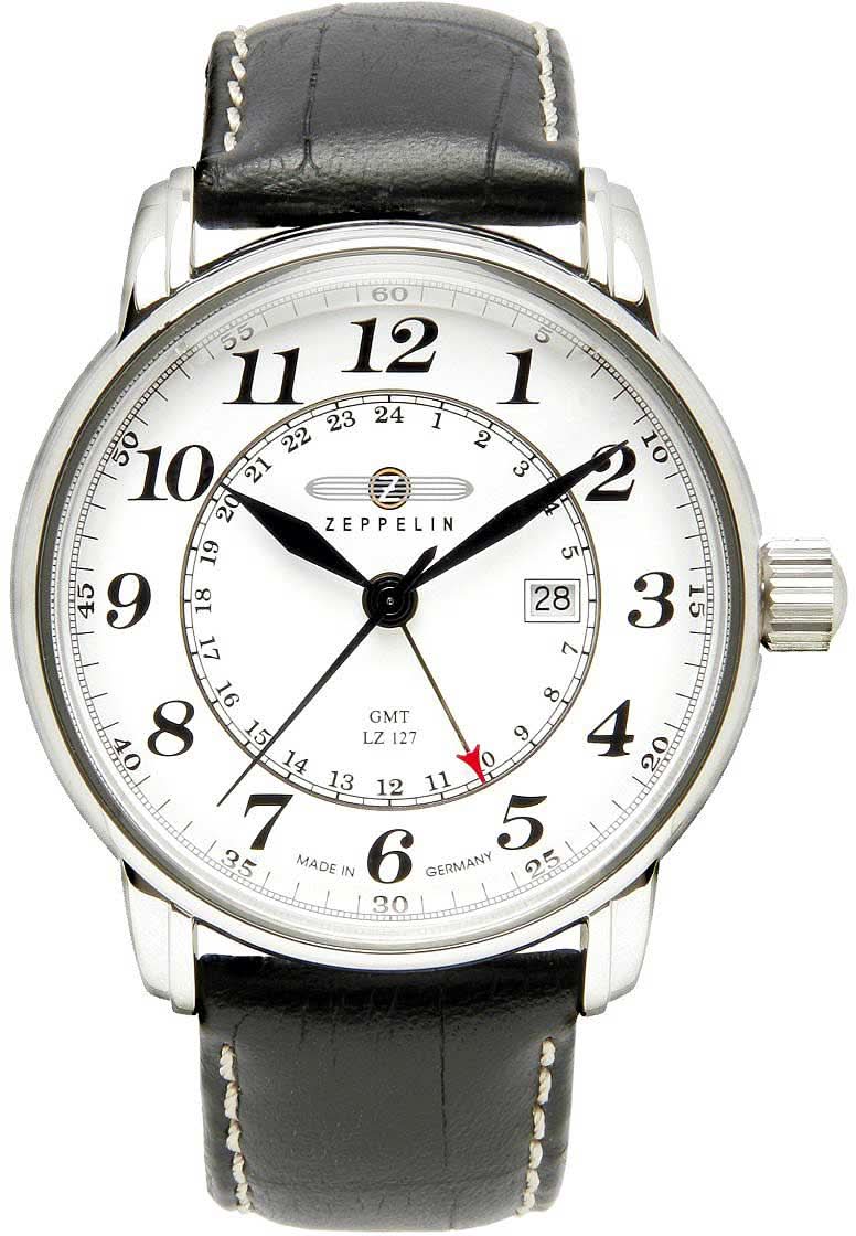 Zeppelin herrur: runt boett i silver, svart läderband, vit urtavla med GMT.