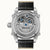 Ingersoll Automatik-Armbanduhr mit schwarzem Lederband und offenem Skelettzifferblatt, silberfarbenes Gehäuse.