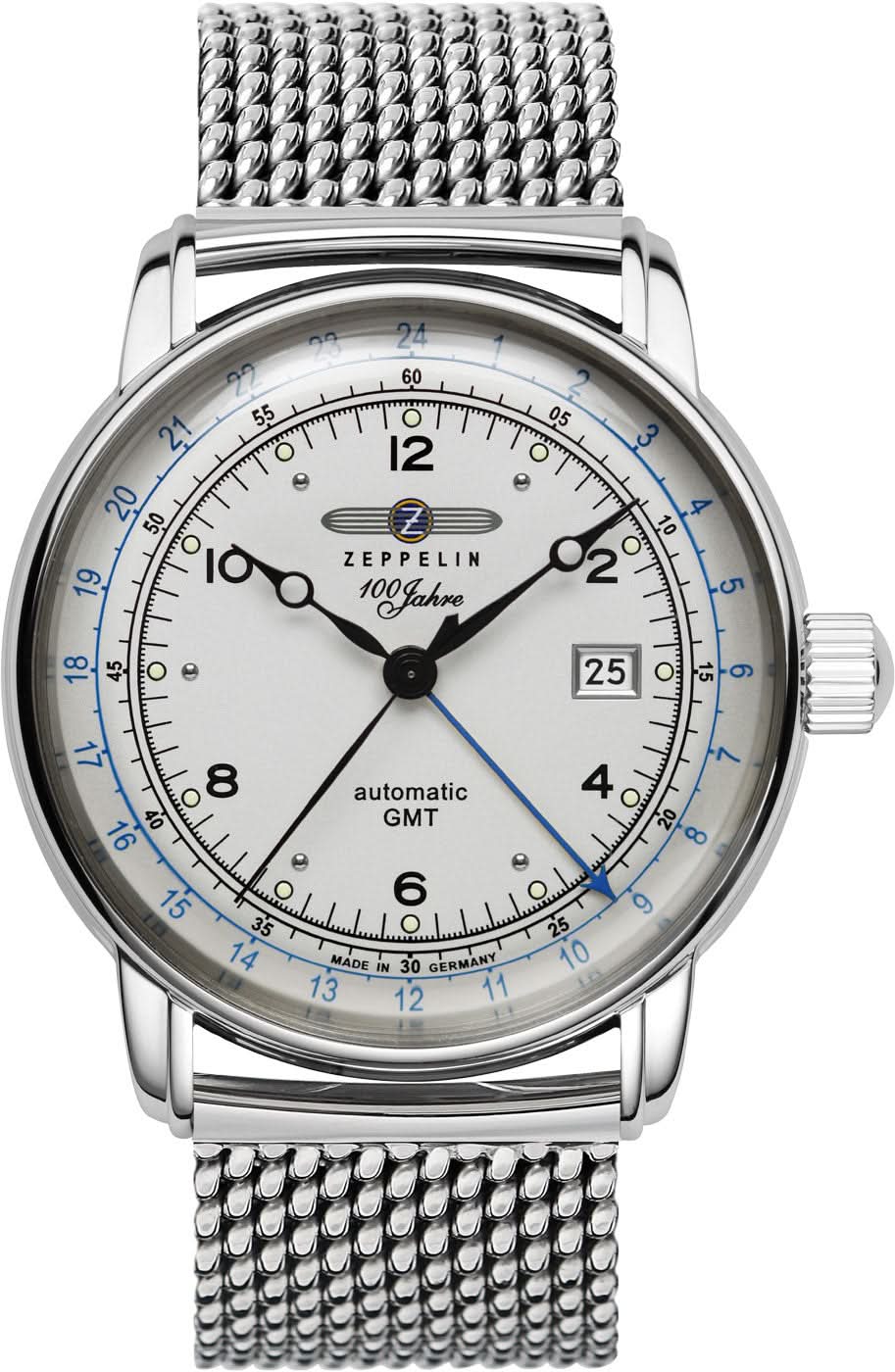 Zeppelin herrklocka med silverfärgat metallarmband, vit urtavla och blå GMT-ring, datum