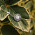Silversmycke med rund grå cabochon i blommig utsmyckning på kedja.