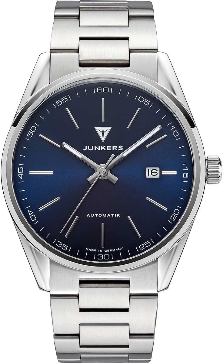 Junkers herrur med metallarmband, blå urtavla och datumvisning vid kl. 16