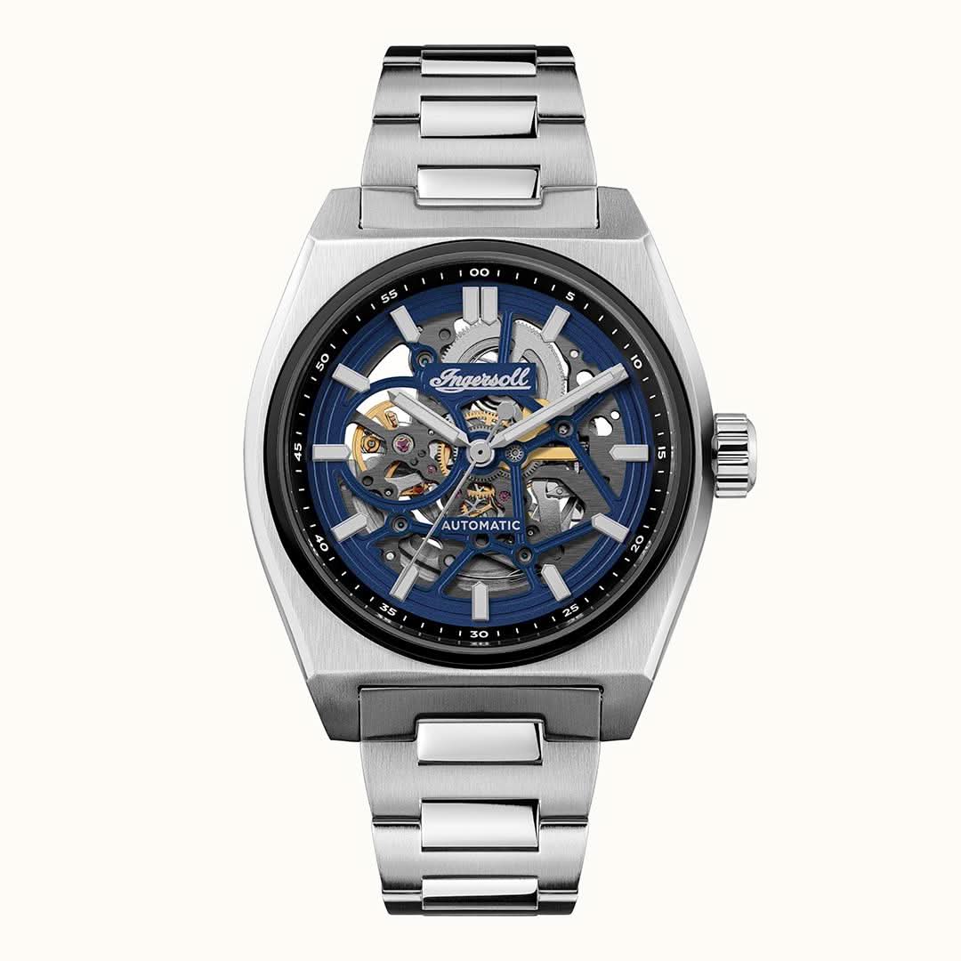 Herrenarmbanduhr mit silberfarbenem Edelstahlarmband und blauem Skelettzifferblatt, Automatik