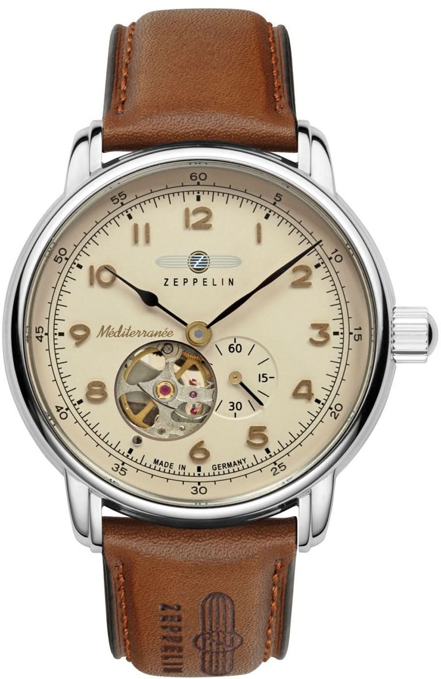 Zeppelin herrur med silverfärgat hölje, beige urtavla och brunt läderband, synligt mekaniskt.